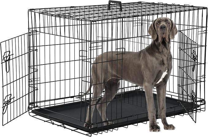 48'' Foldable Metal Wire Dog Crate Double Door, Folding Portable Cage, Collapsible Heavy Duty Extra-Large w/ Leak-Proof Pan/Divider/Handle, Kennel for Dogs Indoor