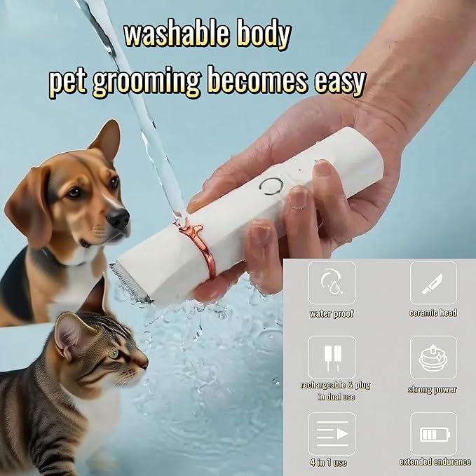 Dog Clippers Grooming Kit 4 in 1 Pet Hair Clipper-Low Noise Dog Paw Trimmer- Rechargeable - Cordless Quiet Pet Dog Cat Nail Grinder Trimming Hair Around The Eyes and Ears for Dogs and Cats (White)
