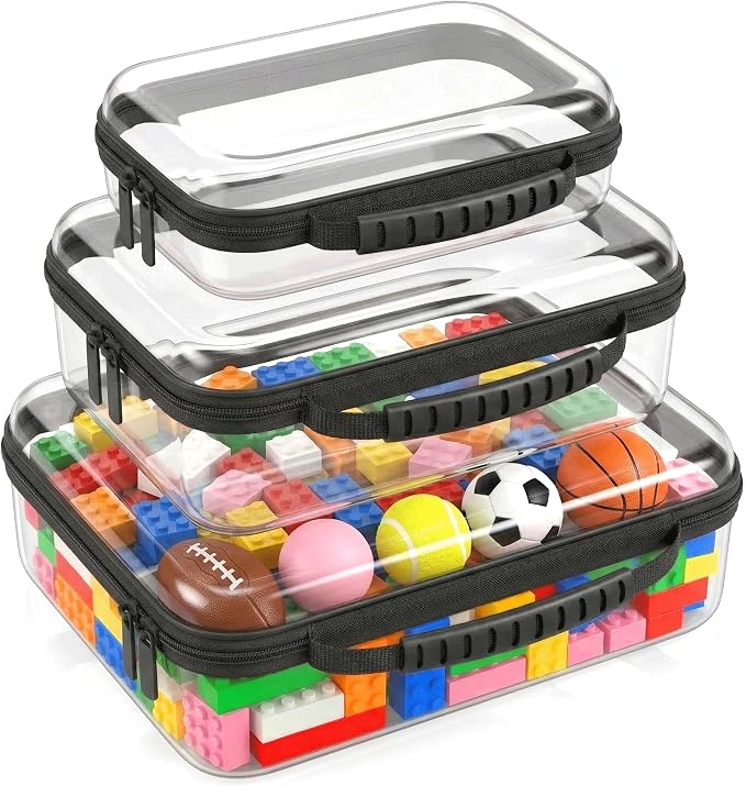Clear Hard Shell Organizer Cases, 3 Pack with Handle | Durable PET shell with water-resistant, scratch-resistant surface for travel, toiletries, electronics and toys