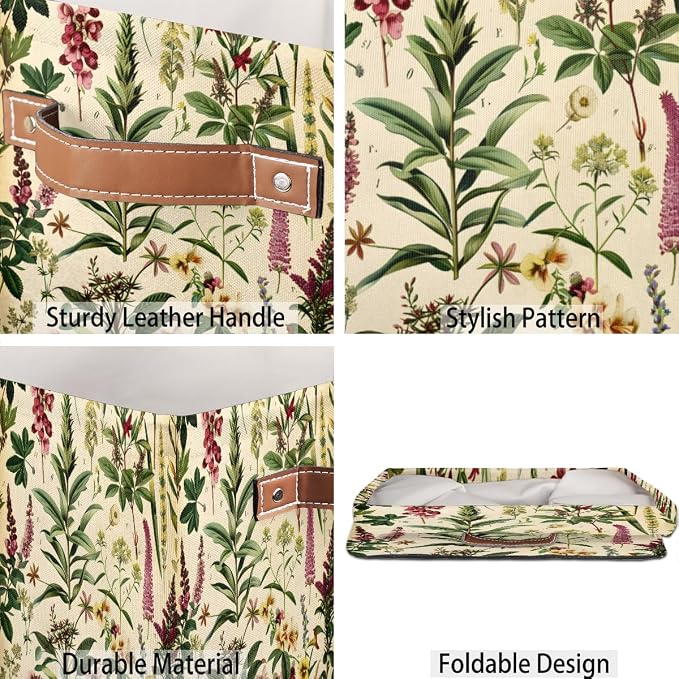 Wildflower Botanical Storage Bin, 13 Inch Collapsible Fabric Storage Bin, Floral Vintage Foldable Cube Basket for Shelf, Closet, Organizer