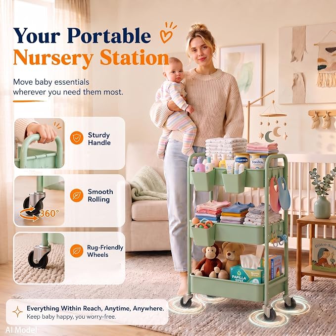 3 Tier Rolling Storage Cart Metal with Wheels, Green Baby Diaper Caddy Carts, Three Tiered Craft Cart Organizer on Wheels, Utility Roller Trolley for Art, Book, Snack, Office, Laundry, Bathroom Shelf