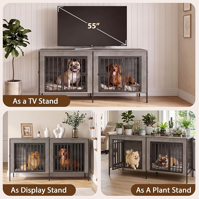 EasyCom 55" Wooden Double Dog Crate Furniture, Removable Divider, Oak Grey | Raised Legs, For 1–2 Small to Medium Dogs, Multiuse TV, Plant & Display Stand