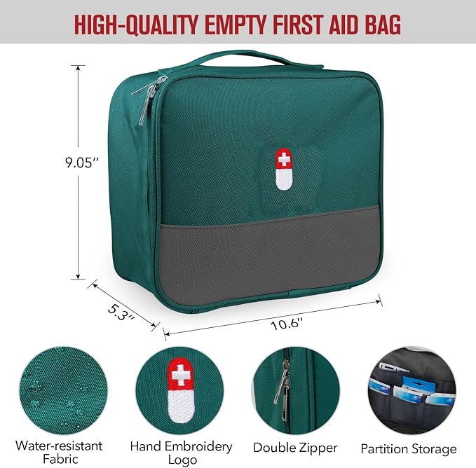 First Aid Bag, Empty Medical Supplies Organizer Bag Portable Trauma Kit for Home Office Kitchen Traveling Hiking Camping Backpacking Cycling, Green