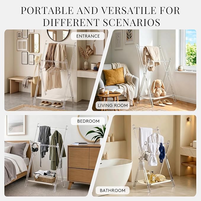 Acrylic Clothes Rack, Foldable Kids Clothing Rack,with Shelves Portable Coat Rack, Suitable for Entrance Hall, Bedroom, Living room, and Bathroom for Hanging Clothes of Babies and Pets.