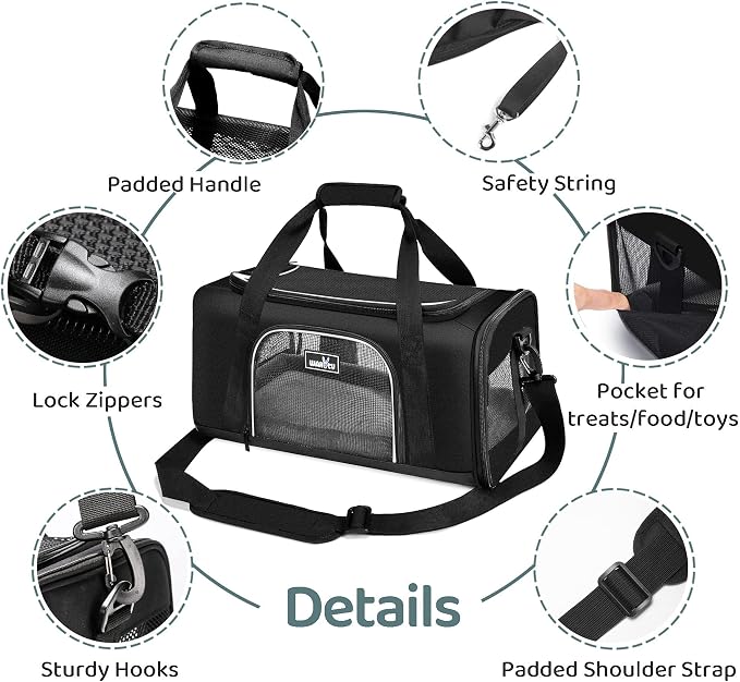 Wakytu TSA Approved Pet Carrier for Small Cats and Dogs,17.7x11x8.3, Black | 3 entrances & 5 vents, waterproof rip-stop, anti-escape locks, padded strap,plane underseat,cat dog carrier
