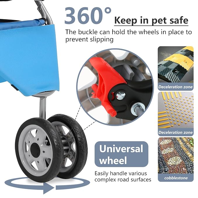 FDW Pet Stroller 3-Wheel Durable Foldable Cat Dog Stroller with Washable Liner Storage Basket Cup Holder,Blue