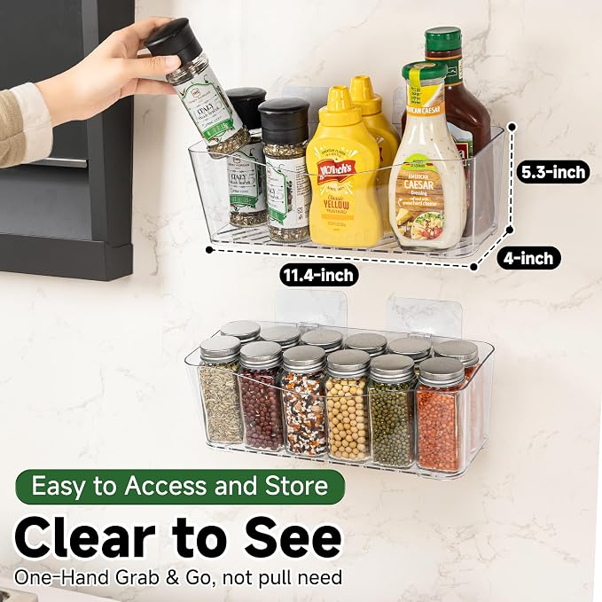 8-Pack Adhesive Pantry Organizers and Storage, Large Cabinet Door Organizer | 11.4" Long, Space Saving, Drain Bottom, Clear Plastic Storage Bins for Kitchen, Bathroom, Refrigerator, Countertop,Under Sink