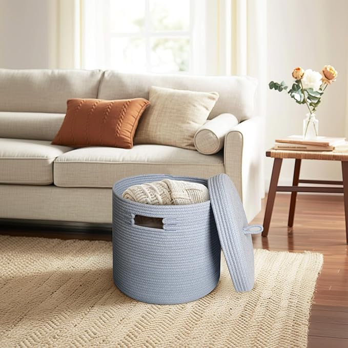 Storage Basket with Lid, Woven Blanket Storage for Living Room, Soft Cotton Rope Bin with Lid, Round Wicker Laundry Basket with Cover, Lidded Kid Dog Toy Box, Nursery Organizer, 15"x13", Blue