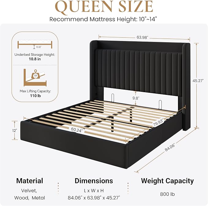 SHA CERLIN Queen Size Lift Up Storage Bed Frame, Charging Station, Black | Storage Headboard with Charging Station, USB, Type-C Port Velvet Hydraulic Storage Bed No Box Spring Needed Noise Free
