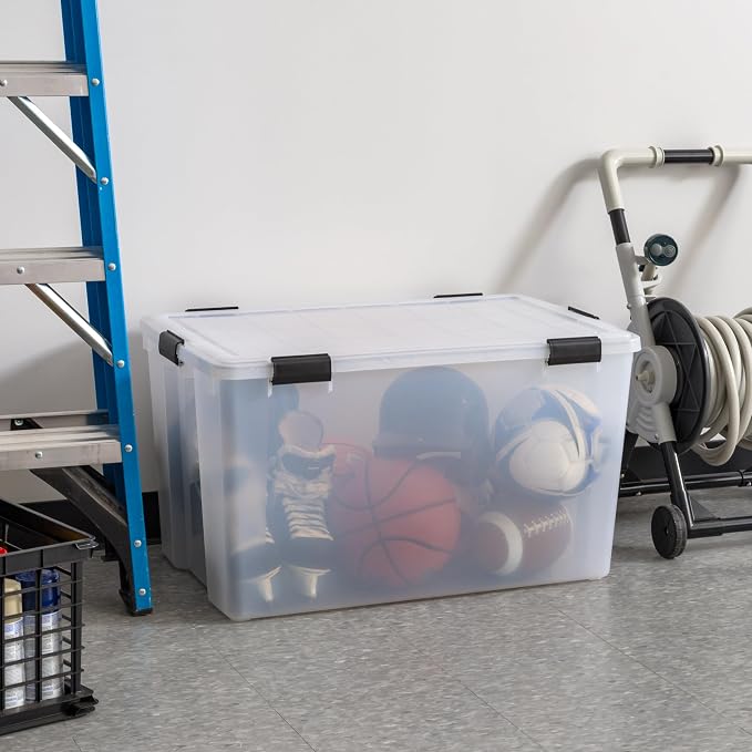 IRIS USA 156 Qt Storage Bins with Gasket Lids, Clear/Black | WeatherPro seal helps protect bulky items for moving, garage, attic and basement storage