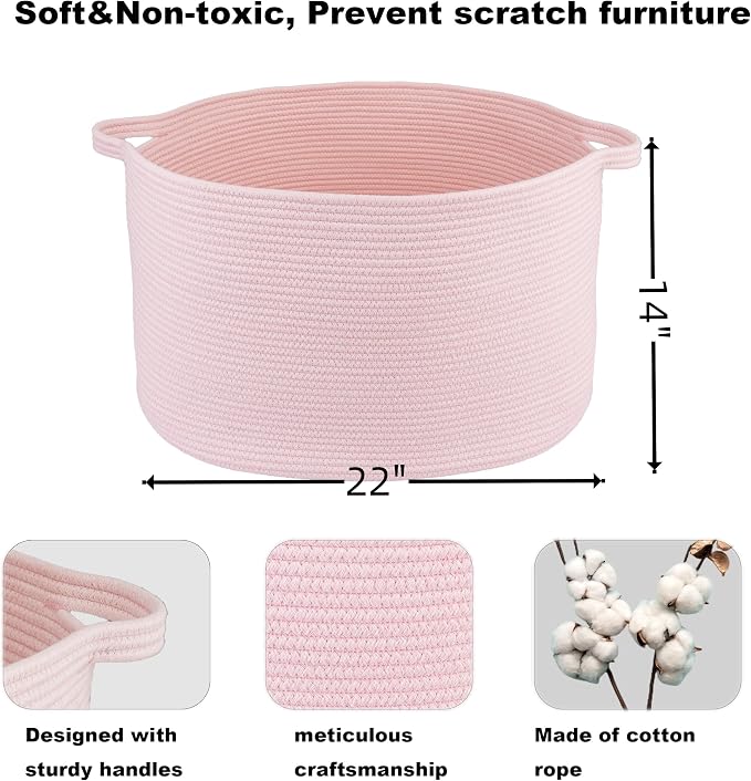XUANGUO Extra Large Cotton Rope Round Storage Basket 22" x 14" Pink | Woven basket for blankets, toys, towels, laundry, nursery, living room and pet toy storage.