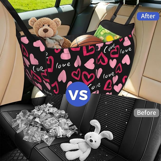 Modern Pink Love Hearts Car Seat Organizer Backseat Storage Bag, Large Waterproof Vehicle Organizer With Adjustable Straps For Gear Essentials, Fits Most Cars