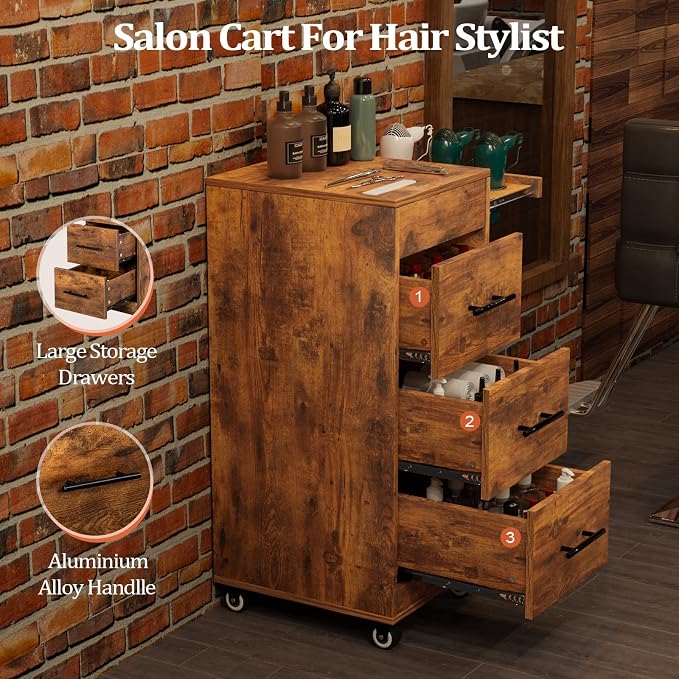Salon Trolley Cart with Wheels, Wooden Hair Storage Cabinet, Stylist Cart Mobile Hairdressing Barber Station for Beauty Spa Barbershop, 3 Large Drawers, 3 Hot Tool Holders, Rustic Brown
