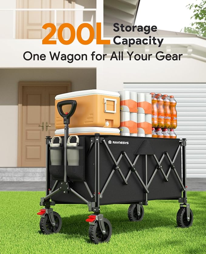 Collapsible Wagon Cart with Wheels, 440LBS for Grocery Shopping Camping | 200L Capacity Wagons Carts Foldable,Heavy Duty Foldable Wagon,Portable Utility Carts for Camping Grocery Garden Shopping