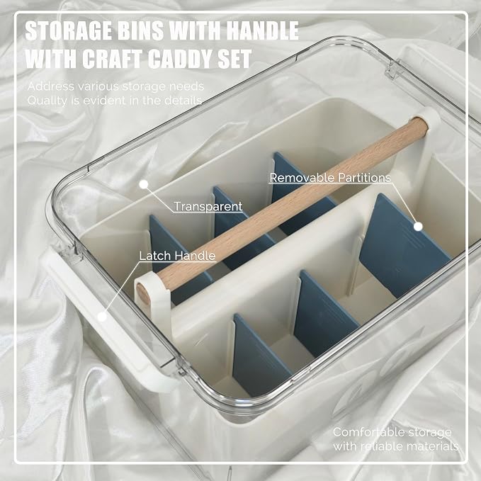 Craft Caddy with Lid and Lift-Out Portable Caddy, Blue | Art Supply Storage, Adjustable Dividers, Clear Storage Organizer, Teacher Supplies, Markers & Brushes, Stackable 11x8x7 in