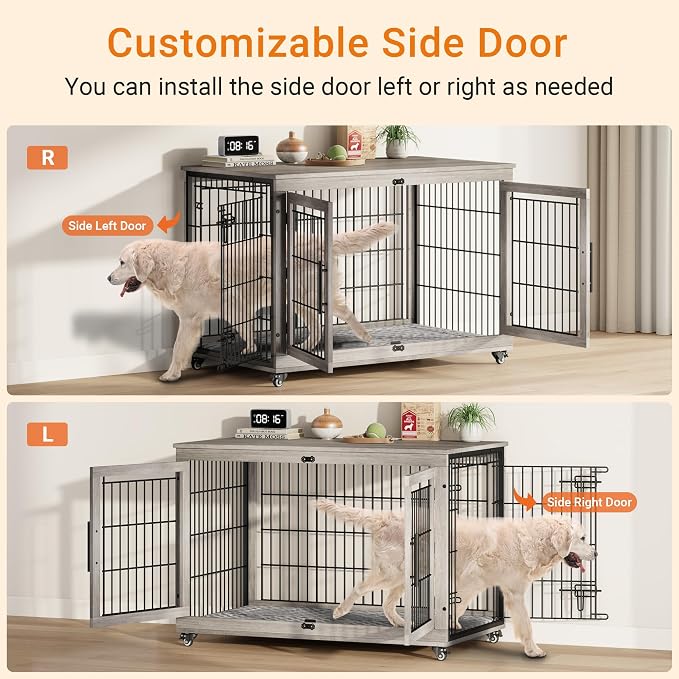 44'' Decorative Large Dog Crates Furniture w/Cushion & Wheels Wood Kennel | Grey, Double Doors, Wooden Dog Cage, Chew-Resistant, End Table, Decorative, 27"/32"/38"/44" Options, Indoor
