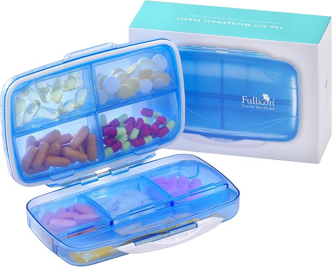 Fullicon Moisture Proof Travel Pill Organizer, 8 Compartments, Blue | Moisture Proof, Travel, Easy Open, Holds 14-17 Fish Oils, 20-35 Capsules or 13-21 Vitamins, Customized Labels, BPA-Free