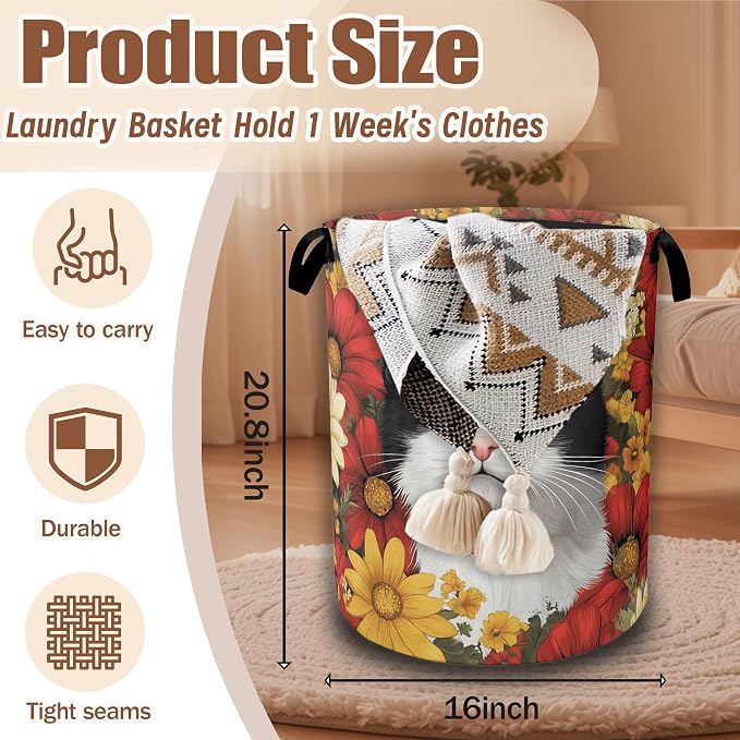Black White Cat Laundry Basket,Red White Daisies Collapsible Laundry Hamper Waterproof Oxford Cloth With Handles,Clothes Storage Bucket Toy Organizer For Bathroom/Nursery/Bedroom 16" x 20.8"