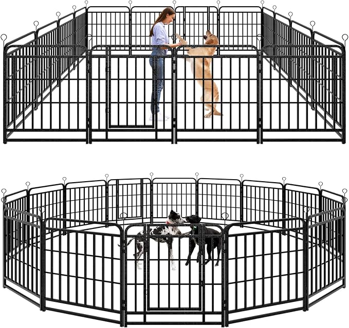 Kfvigoho Heavy Duty Dog Fence Outdoor 16 Steel Panels 32" Height | Square Steel Pipe with Reinforced Crossbars, 36FT 103 Sq.ft Portable Dog Fence Outdoor for Yard & RV Camping, Snowy Black