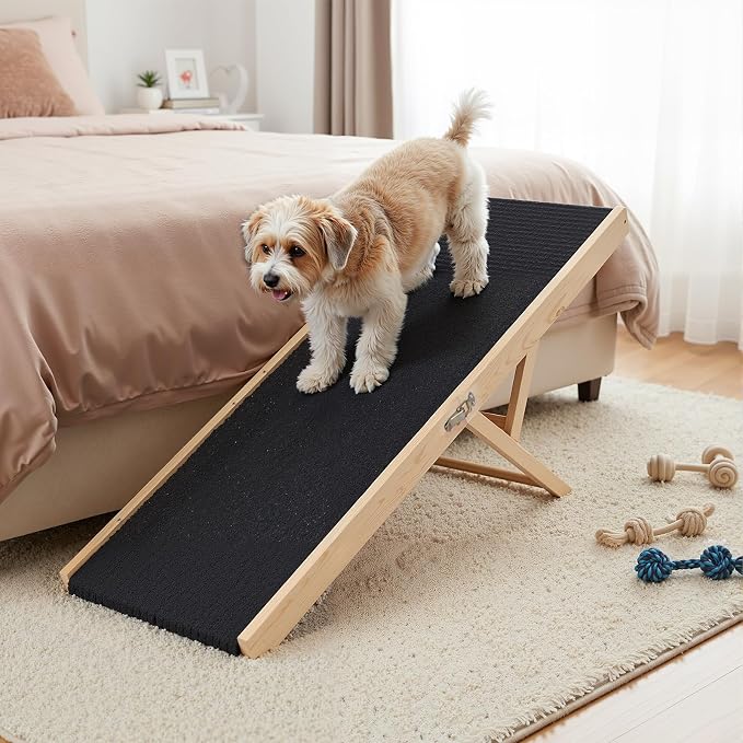 Wooden Dog Ramp for Couch High Bed, Non Slip Pet Ramps for Small Dogs and Cat with 6 Adjustable Height from 11.02'' to 25.2'', Portable 55.12'' Long Foldable Ramp for Dogs to Get on Bed Car