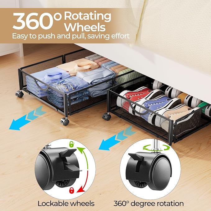 Yecaye Under Bed Storage with Wheels, 4 Pack Under Bed Shoe Storage, Black | Sturdy All-Metal Frame, Foldable, 360° Rolling Wheels, Tool-free Assembly, Underbed Storage Drawers for Shoes, Toys, Clothes