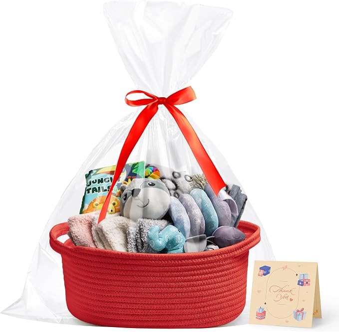 Bufims Small Woven Red Gifts Basket for Storage Empty with Ribbons and Bags Durable Cute Gifts 12"X 8" X 5" Small Rope Basket for Gifting
