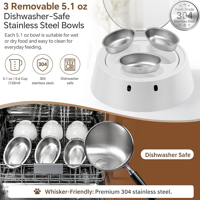 RFID Microchip Cat Feeder, 1 Tag Opens 2 Hidden Bowls, Anti-Theft | 3 removable stainless bowls (2 protected + 1 open), quiet rotating access, 2-4 in tag range, cordless 10 days or plug-in