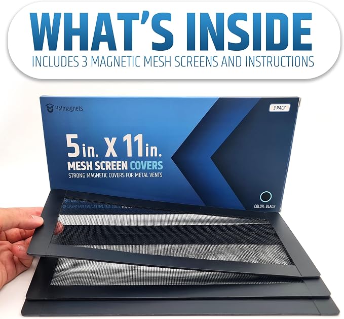Powerful Magnetic Vent Screen Mesh Covers (3-Pack) That Will Never Move or Fall - for Floor, Wall & Ceiling Registers of Width 5" to 6", Length 11" to 12" - Super Strong Neodymium Magnets | Black