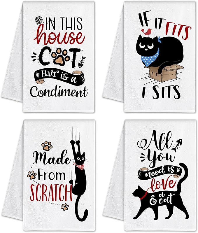 Bonsai Tree Cat Kitchen Towels Set of 4, Cat Lover Gifts for Mom Women, Cute Funny Dish Tea Towels Housewarming Gifts for New Home Decor