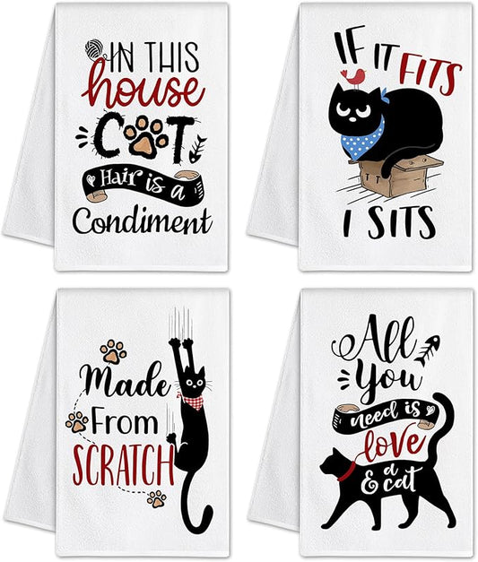 Bonsai Tree Cat Kitchen Towels Set of 4, Cat Lover Gifts for Mom Women, Cute Funny Dish Tea Towels Housewarming Gifts for New Home Decor