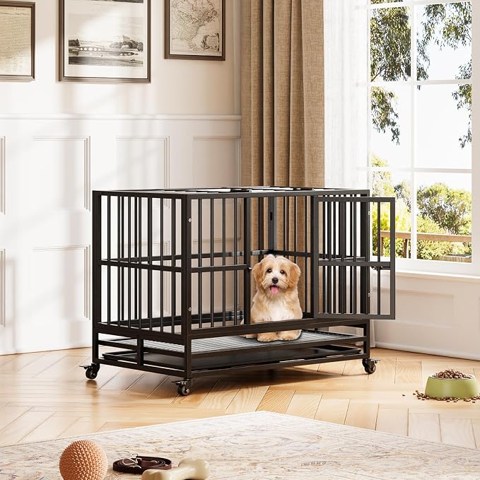 GarveeLife 38inch Heavy Duty Dog Crate, Foldable Indoor Dog Cage with Double Door, 360° Lockable Wheels and Removable Tray, Easy to Clean and Assembly，for Small Medium Dogs