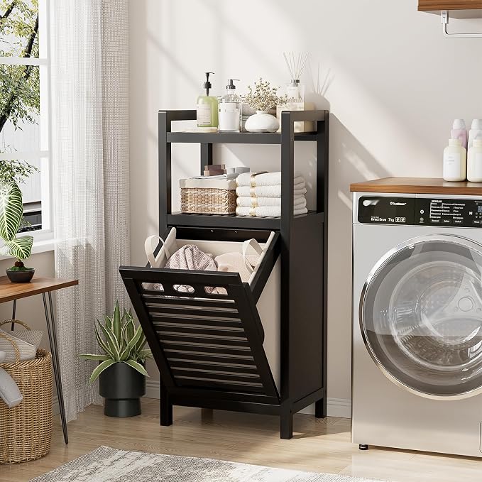 Homykic Tilt Out Laundry Hamper Cabinet, 10 Gal Bamboo Laundry Organizer | Wooden Laundry Basket with Removable Bag, Hidden Hamper with Shelf for Clothes, Bathroom, Laundry Room, Space Saving, Black