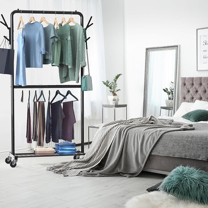 Simple Houseware Double Rod Clothes Rack with Wheels, Hooks & Shelf, Black | Heavy-Duty Metal Garment Rack Organizer