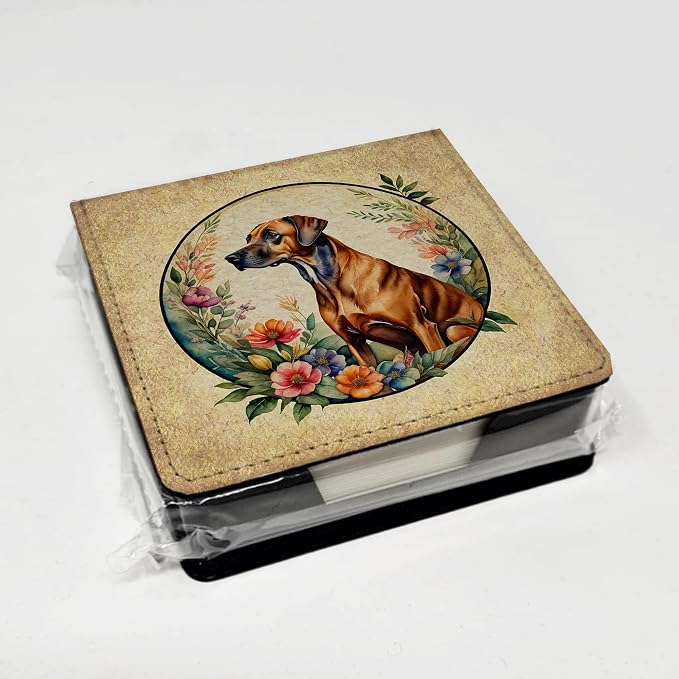 Caroline's Treasures Rhodesian Ridgeback and Flowers PU Leather Note Paper Holder with Artist-Designed Cover, Desk Accessory, Office Gift