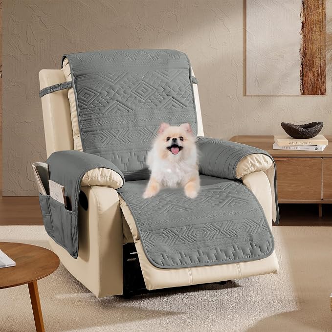 Boho Gray Quilted Recliner Covers, Water-Repellent Recliner Slipcovers, Lazy Boy Chair Covers, Pet Friendly Recliner Cover for Dogs Cats, Washable Furniture Protector (Recliner 22", Gray)