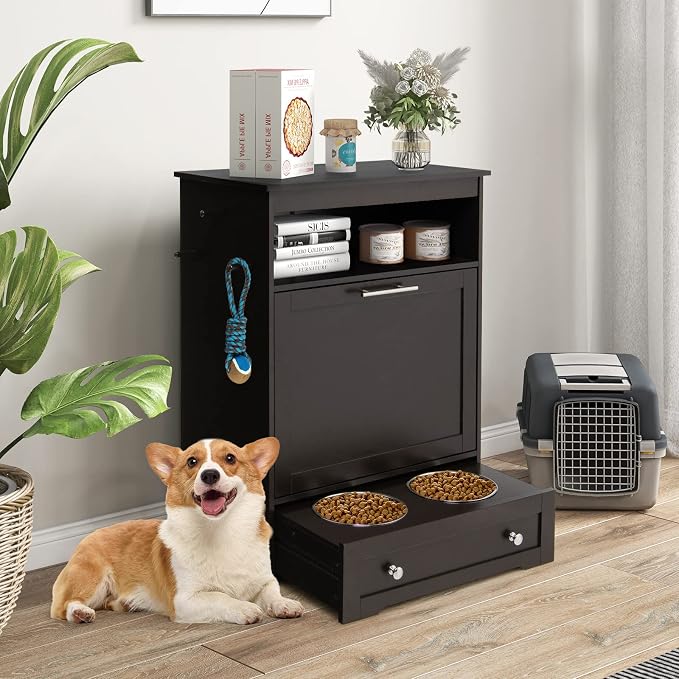 Dog Food Cabinet Feeding Station with 2 Raised Bowls, Pull Out Elevated Dog Bowl, Storage, 3 Hangers, Pet Feeder Toy Leashes Organizer, Brown