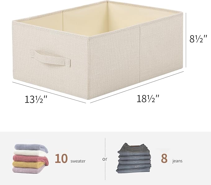 Linen Folding Storage Bins, 3 Pack Large Storage Baskets, Washable, Clothing Storage Bins with Handle, Closet Organizer for Storage Sweater,Sheets(Beige, 18½"x13½x8½)