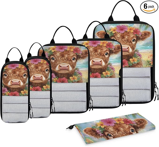 Funny Highland Cow 6 Set Compression Packing Cubes Rustic Farmhouse Bull Animal Expandable Packing Organizer for Travel Accessories Luggage Suitcase Bag