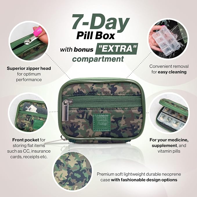 Made Easy Kit Pill Case - Weekly Medicine Organizer with Removable Seven-Day Vitamin & Supplement Box (Camo Dark Green)