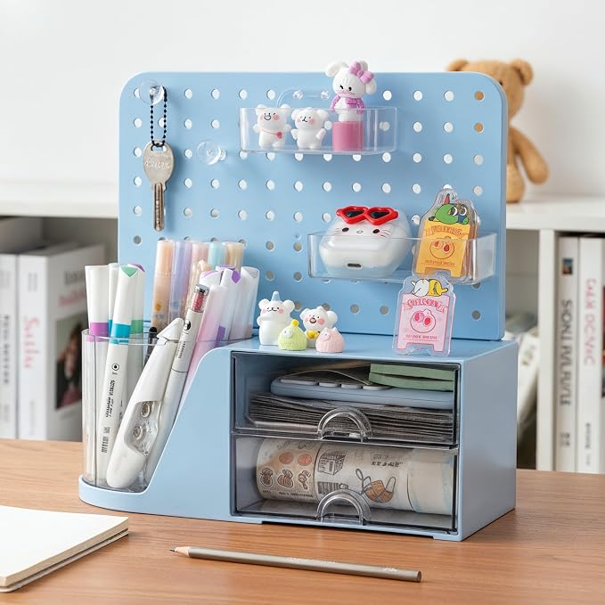 Comix Desk Organizer with 2 Drawer, Blue 360° Rotating Pen Holder for Desk | Desk Organizers and Accessories with 5 Slots Pencil Holder+Pegboard+Drawer, Pen Organizer for Home School Art Office Supplies