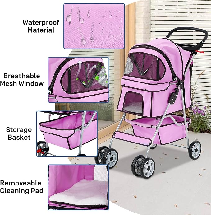 Best 4 Wheels Pet Stroller for Dog and Cat Stroller, Lightweight and Foldable Carrier Strolling Cart W/Cup Holders Removable Liner for Small and Medium Dog Cat or Pet - Pink