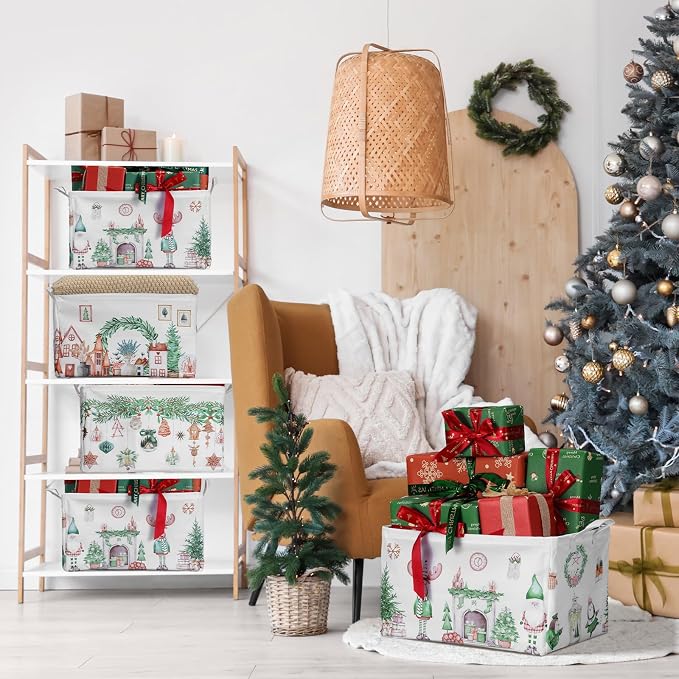 4pcs Christmas Storage Basket Fabric Laundry Baskets with Handle Xmas Foldable Organizer Boxes for Office Home Baby Cloth Toy Book 15 x 10 x 8(Neutral Wind)