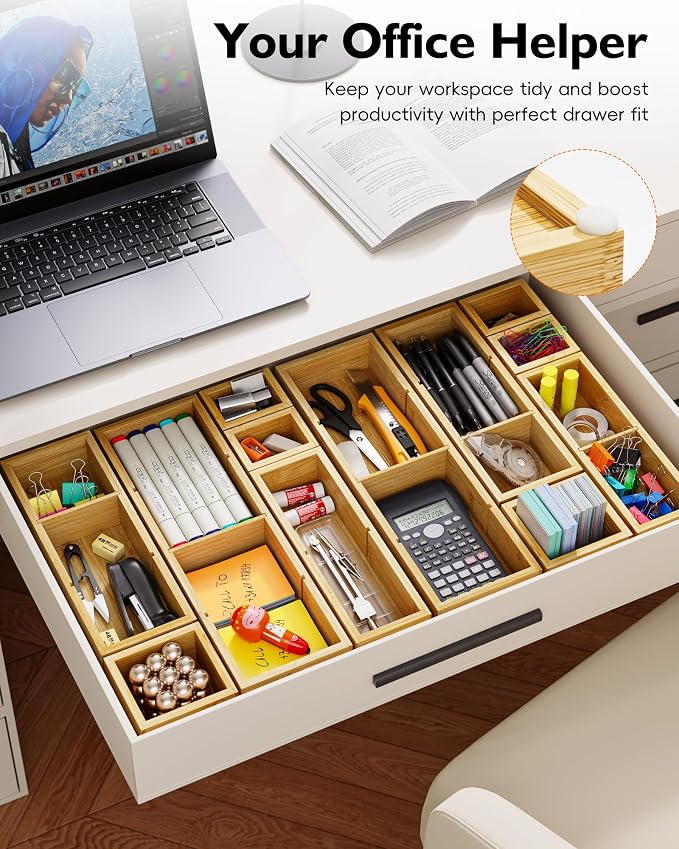12-Piece Bamboo Drawer Organizer Set, 24 Compartments Modular Storage | Natural Bamboo, Flexible Modular Trays, Water-Resistant, Stackable Design, Adjustable, Excellent Organization, Easy to Clean
