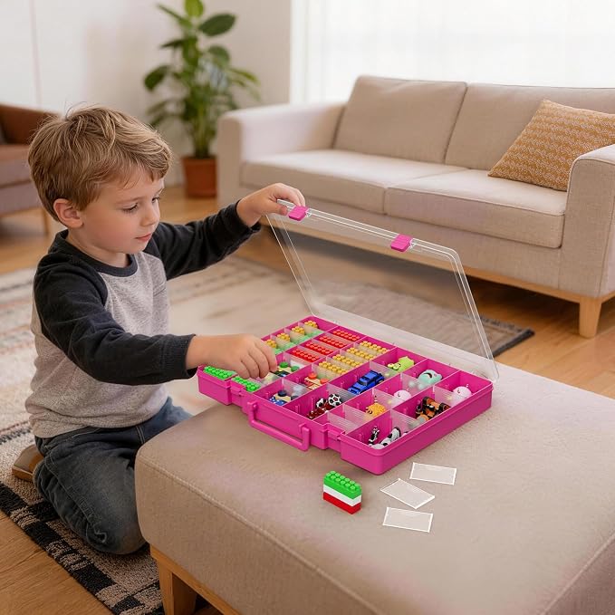 48 Compartment Clear Toy Storage Organizer, Adjustable Dividers, Parts Case | Jewelry Beads Craft Hardware Tackle Box, Built In Handle, Secure Latch, Sturdy See Through Design, Display Shelf Collectibles