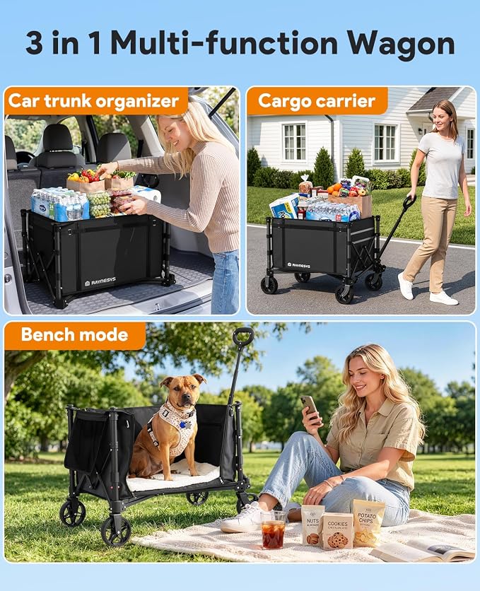 Collapsible Wagon with Wheels,120L Wagon Cart for Camping Groceries Beach | 220lbs Capacity Wagon Carts Foldablet,Smallest Folding Size,Lightweight Portable,Adjustable Handle,Transport long items