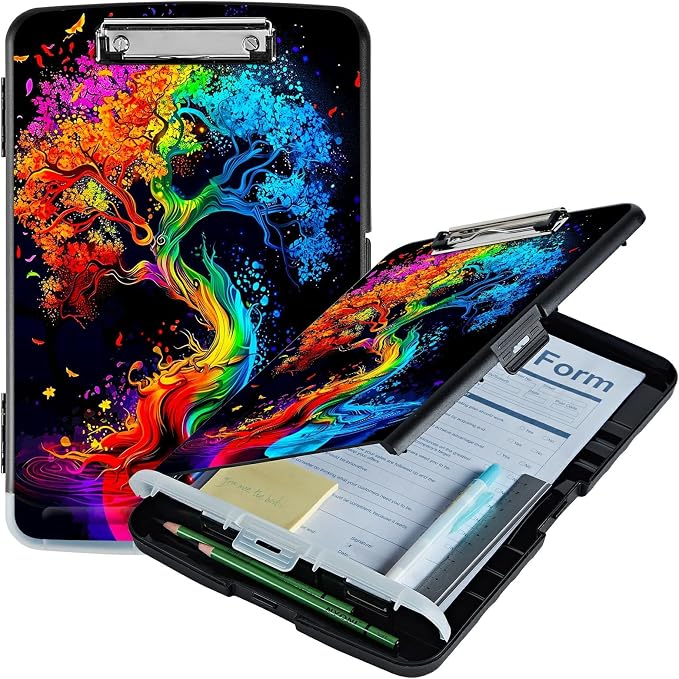 Red Blue Tree A4 Clipboard with Storage Pen Holder, Clipboards Organizer Nursing Clipboard Foldable File Folder Plastic Clipboard Folio Clip Board for Office Students Classroom Doctor