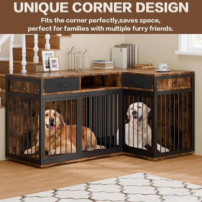 Corner Dog Crate Furniture,67" Metal Frame L Shaped Double Dog Crate Kennel with Divider and 2 Fabric Drawers TV Stand Large Breed Indoor for 2 Dogs Rustic Brown