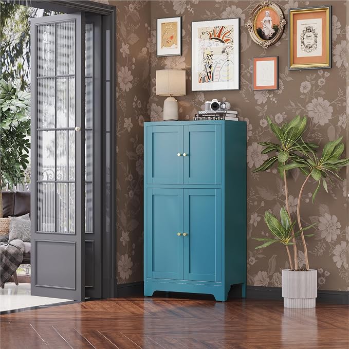 Blue Bathroom Storage Cabinet,Metal Bathroom Cabinet,Navy Blue Storage Cabinets,Bathroom Floor Cabinet with 2 Adjustable Shelves&4 Doors