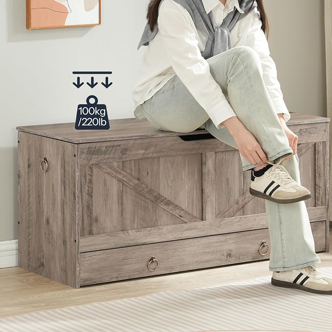 HOOBRO Storage Chest, 43.3" Toy Chest with Drawer, Wooden Storage Bench, Sturdy Entryway Bench Supports 220 lb, Shoe Bench, Safety Hinge, U-Shaped Opening, Easy Assembly, Greige BG711CW01G2