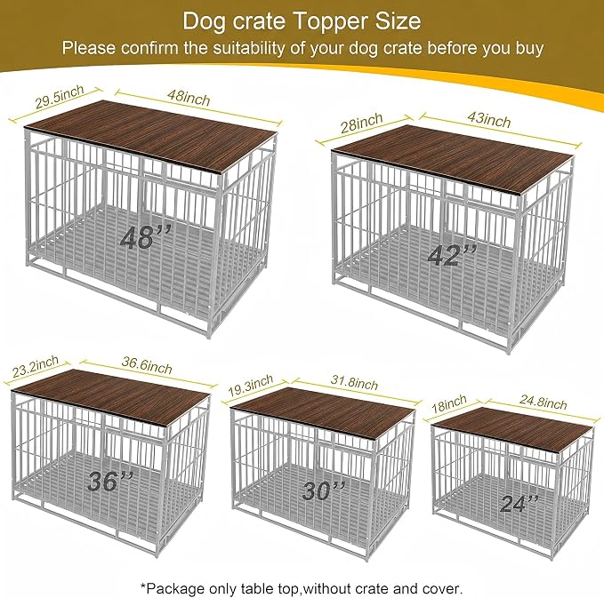 Dog Crate Topper with Magnets for 48 Inch Crate - Aluminum Foldable Dog Kennel Topper Decorative Storage Pet Crate Table Rustic Brown (Only Topper)